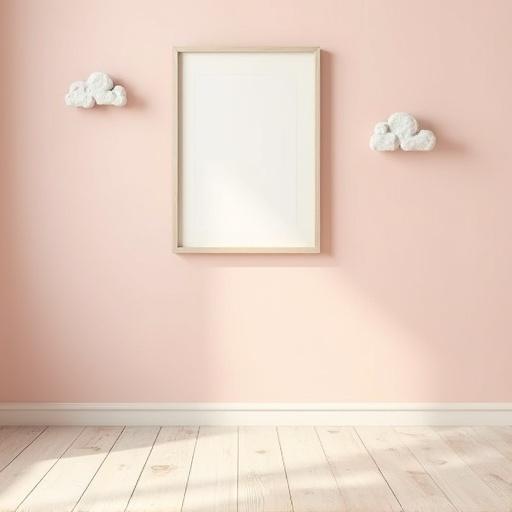 Light beige wooden floor occupies most of the scene. Subtle textured pastel pink wall in the background. Tiny framed cloud art hangs off-center. Soft shadows visible. No furniture or toys present. Clear central area for placing a baby. Natural lighting enhances the scene.