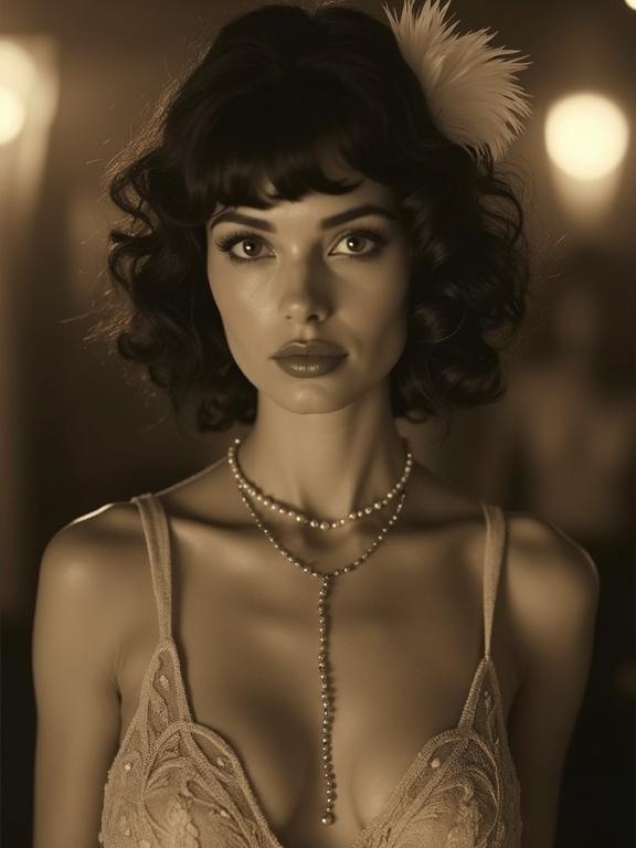 Vintage photograph of a beautiful woman in a speakeasy. Features a slender figure. Wearing a stylish flapper dress. Symmetrical facial features and stunning eyes. Decorated with beads and a feather. Soft focus and sepia tones create a nostalgic effect.