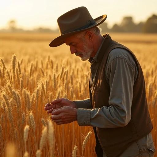 A weathered farmer bends down to harvest wheat. Sunlight shines on golden stalks of wheat casting shadows on dry soil. The scene captures the essence of agricultural life.