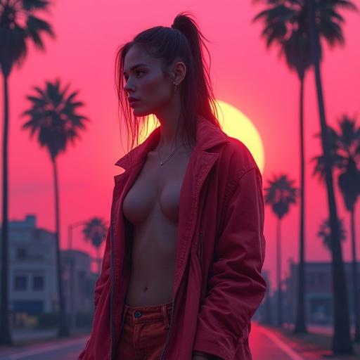 Futuristic setting with a vibrant sunset. Model in half-open jacket with bare chest. Retro Synthwave aesthetic. Palm trees silhouette in background. Album cover design with text Synthwave.