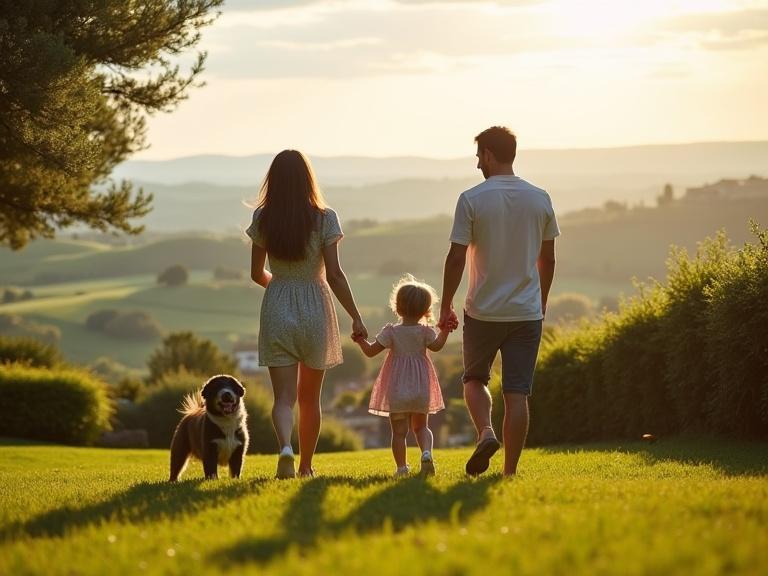 Family walks in an Italian villa garden with dog. Two children and parents share happy moments. Scenic Tuscany landscape in the background. Golden lighting enhances atmosphere.
