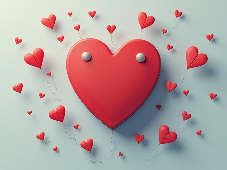 Illustration of a heart-shaped magnet surrounded by smaller hearts. Digital likes and thumbs-up symbols fall away.