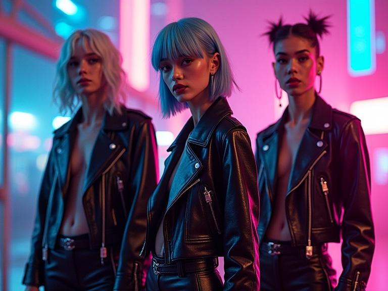 A synth-pop band posed in a futuristic cityscape. Members wear sleek cyberpunk attire. Vibrant neon lights illuminate the scene. High-contrast aesthetic with bold shapes.