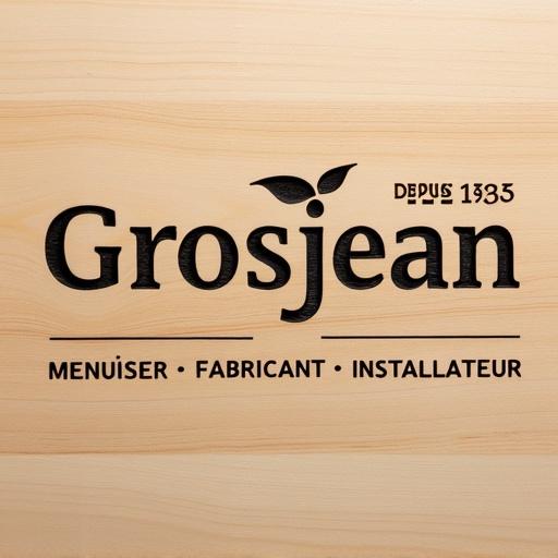 High-resolution front-facing photo of Grosjean logo engraved in light natural wood. Logo has bold sans-serif font with leaf dot on j. Small DEPUIS 1933 text to the right. Words MENUISIER FABRICANT INSTALLATEUR engraved below in all caps. Dark crisp engraving contrasting wood grain. Soft natural lighting with shallow depth of field and slight shadowing. Logo centered and flat. Authentic professional tactile style.