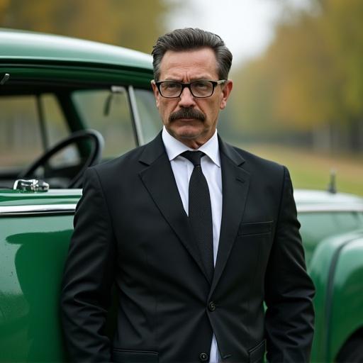 A man stands next to a green vintage car. He wears a black suit and glasses. Mustache is prominent. Image is high quality and realistic.