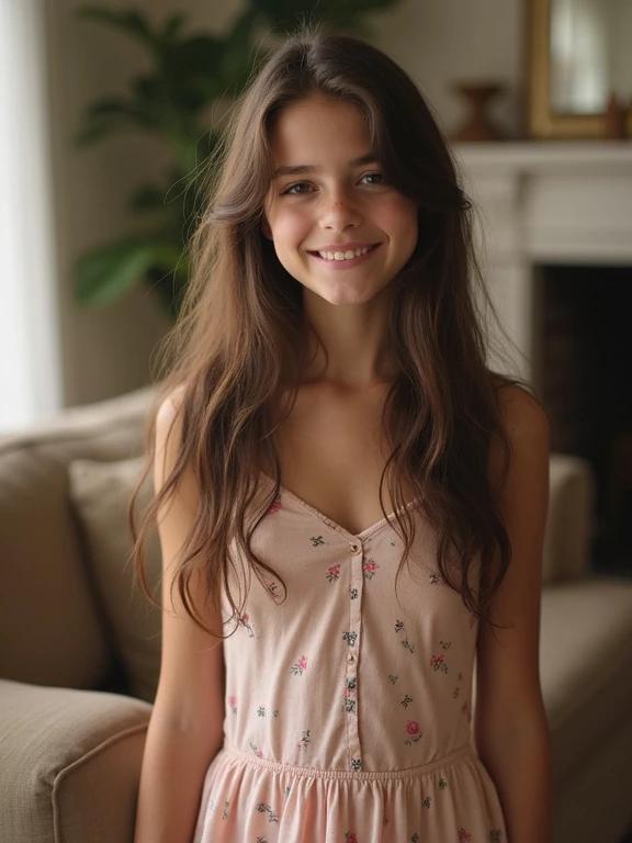 Full frame photo of a teen girl in a floral dress. She stands in a living room. Image features a low-resolution aesthetic typical of older phone cameras. Natural warm light enhances the casual look. Soft, muted colors capture a relaxed vibe. The room's decor includes a couch and plants.