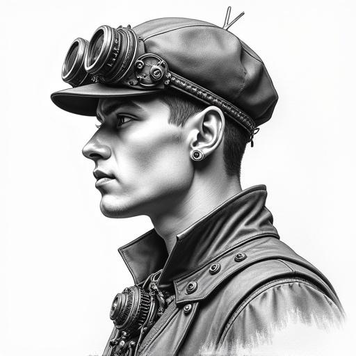 Portrait of a man with a piercing gaze. He wears a distinctive steampunk hat with multiple optical goggles and decorative gears. Visible piercings on his ear. The high, rigid collar features decorative jewelry resembling an ornamental breastplate. Dressed in a thick, textured leather or fabric jacket with noticeable stitching details. The drawing is highly detailed, highlighting the material textures and facial features.