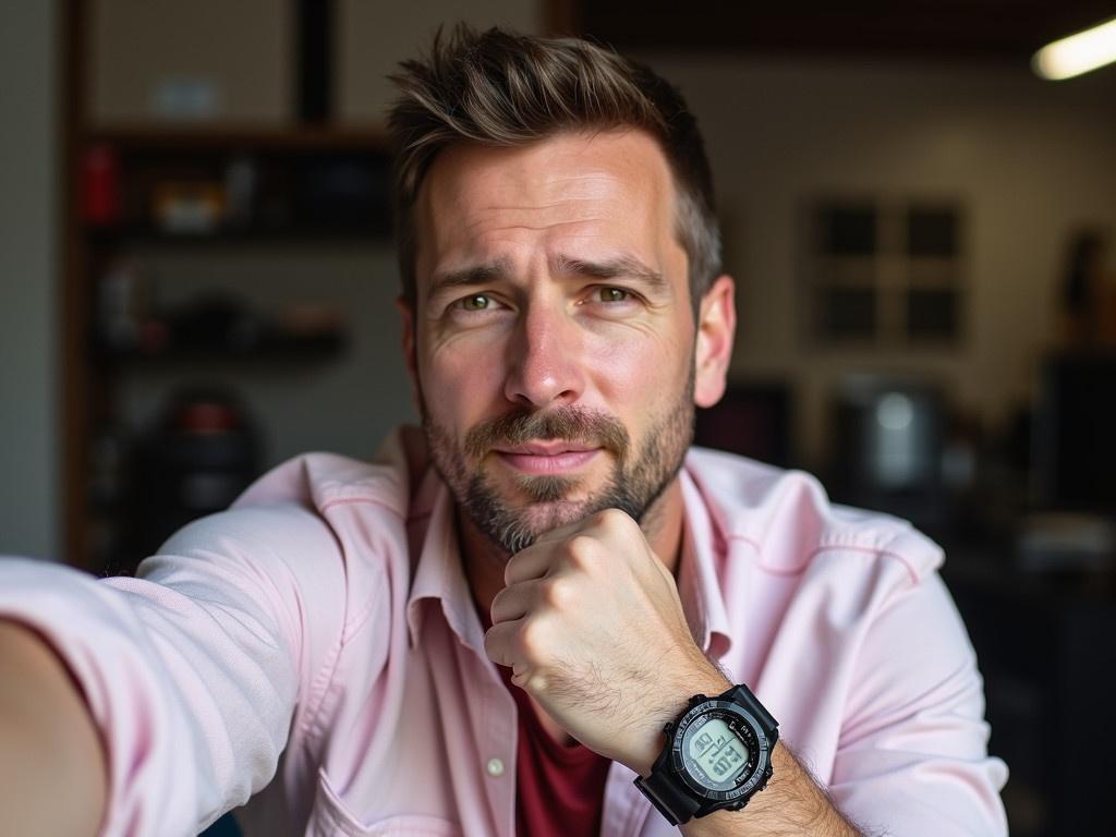 The image shows a man taking a selfie in a casual setting. He is wearing a light pink button-up shirt with the top buttons undone, revealing a hint of a red undershirt. On his wrist, he sports a sporty digital watch, which is prominently displayed as he rests his chin on his fist. The man has a neutral expression, and the background appears to be slightly blurred, showing hints of a workshop or garage environment. Soft lighting in the room enhances the casual vibe of the photograph.