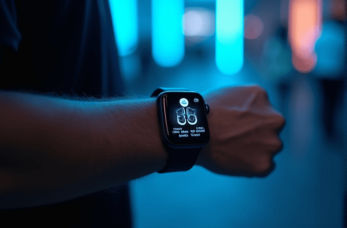 A smartwatch on a wrist displays illuminated icons in a dimly lit space with vibrant blue and orange lights in the background.