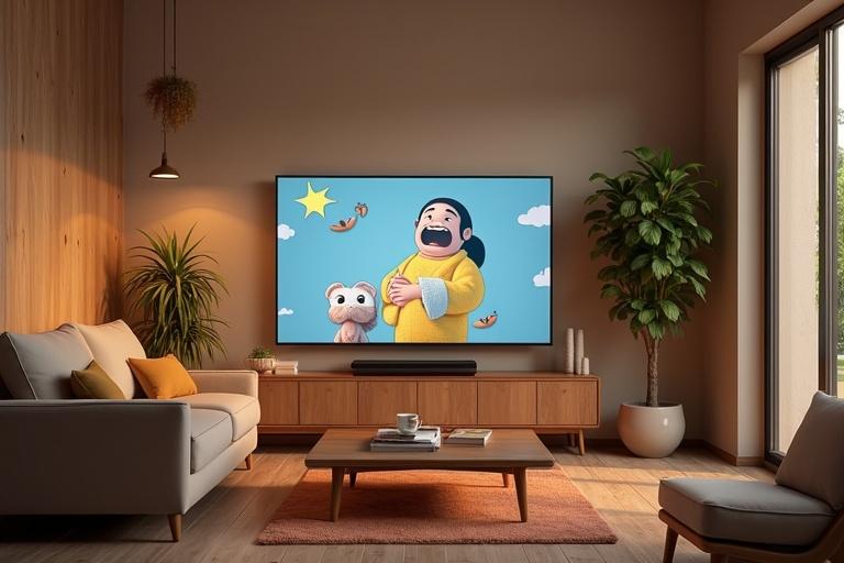 Modern living room with a cozy couch and coffee table. TV displays animated characters. House plants are present. Warm lighting creates a welcoming space.