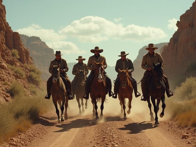 An epic cinematic image resembling classic western aesthetics inspired by iconic films set in a 19th-century version of Avenida Constitución in Monterrey. Dusty rugged dirt road along the dry rocks of River Santa Catarina creates a raw frontier setting. A group of 3 to 7 rugged outlaws on horseback, dressed in authentic late 19th-century western attire, vigilantly assessing their next move. Background prominently features Cerro de la Silla with its distinctive silhouette. Strong desert sunlight casts long shadows, highlighting the dry terrain and sparse vegetation.
