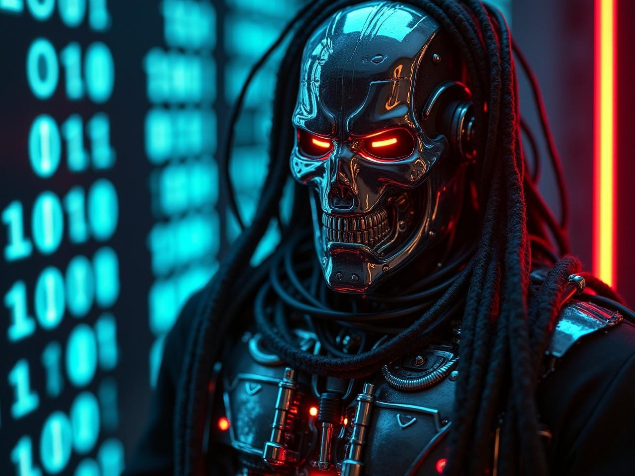 A sleek, metallic cyborg with illuminated red eyes stands against a backdrop of binary code and glowing red lines. Its design combines elements of futuristic technology with a menacing, humanoid skull structure. The image exudes a blend of sci-fi and cyberpunk aesthetic, enhanced by a vivid contrast of blue and red lighting.