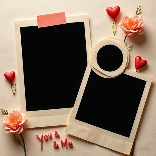 Square photo collage features three decorative photo frames. One large rectangular frame is tilted in the upper left, one rounded square frame in the lower right center, and one circular frame in the upper right corner. Each photo area is black for image insertion. Borders have unique shapes, giving a handcrafted look. Background is textured paper with soft shadows and warm tones. Hand-drawn letters like 'You & Me' are included. Overall cozy and artistic feel.