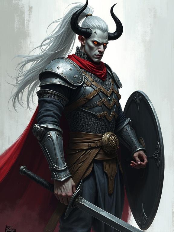 Character design of a male tiefling with ash-gray skin and amber eyes. Long silver hair in a ponytail. Curved black horns. Scarred cheekbones. Wearing chainmail and plate armor. Holding a longsword and shield. Stylized portrait with bold colors and painterly textures. Expressive brushwork and soft lighting. Non-photorealistic style with a cinematic look.