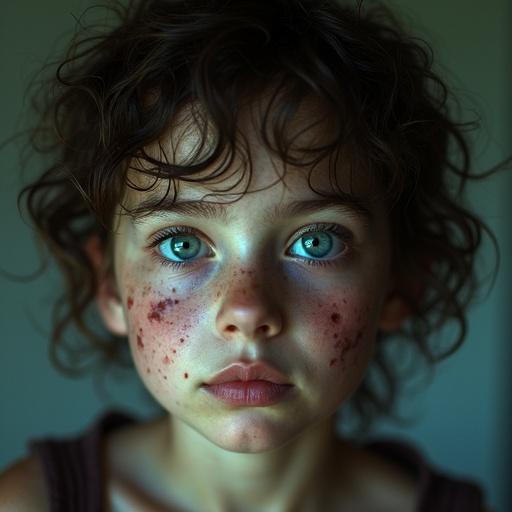 Photoreal portrait of girl with curly hair showcasing facial imperfections. Bright blue eyes draw attention. Expresses vulnerability and beauty in flaws.