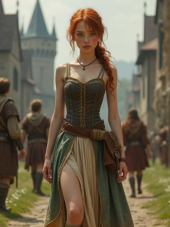 Photo of a girl walking through a medieval city. She wears a sleeveless corset dress with a split skirt. Boots and tall socks complement her outfit. The girl has a ponytail, freckles, and green eyes. A cloth satchel is at her waist. The scene is set in a large medieval city.