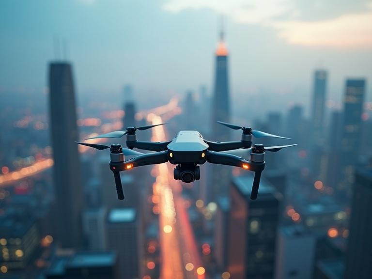 Drone flying over a smart city during twilight. City buildings and lights visible below. Modern skyline with technology elements. Futuristic delivery network concept.