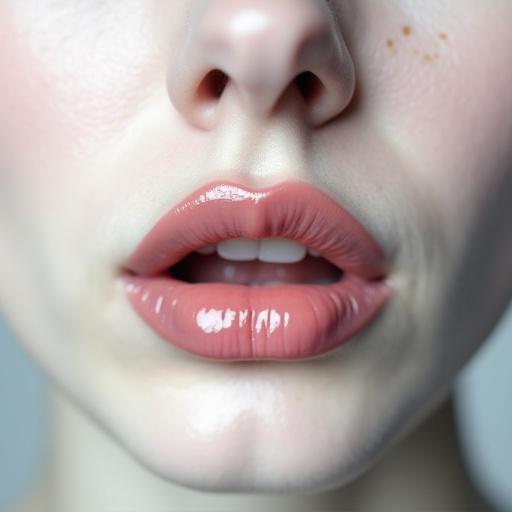 Close-up of a mouth with glossy lips. Focus on the beauty of the lips and subtle skin details. Soft lighting enhances the glossy appearance.