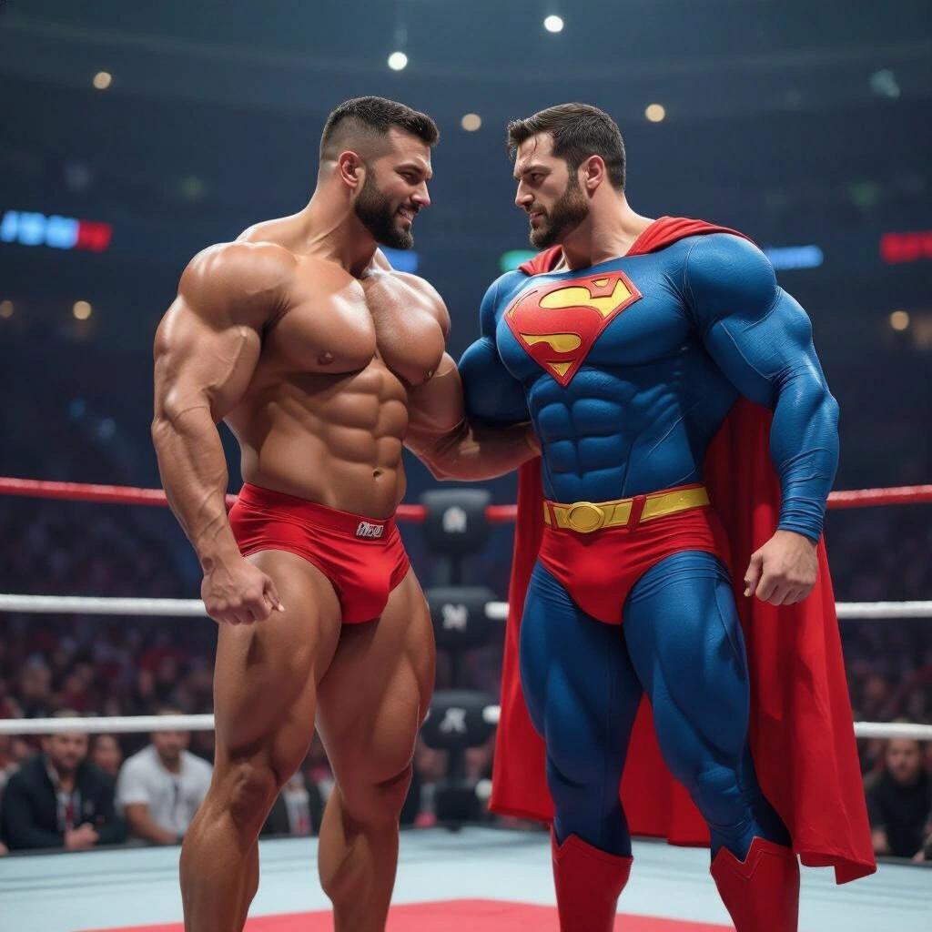 Powerlifter in tight red briefs flexes chest to chest with Superman in a super suit and red trunks in a wrestling ring.