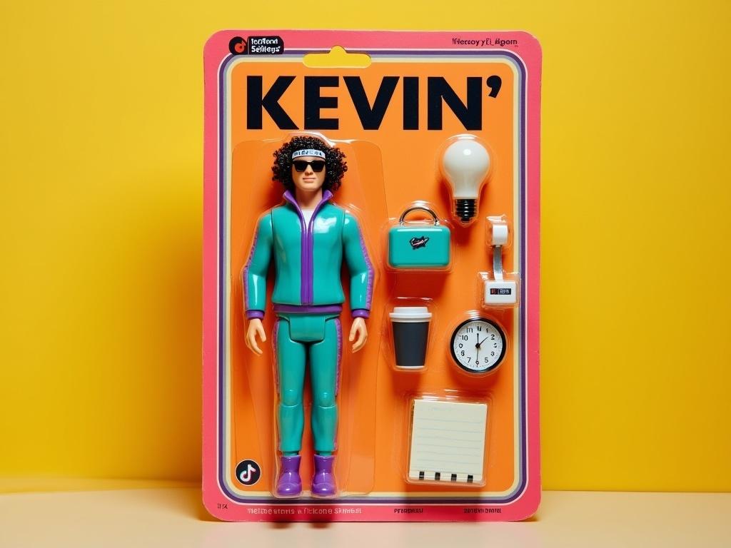 The image depicts a toy action figure named 'Kevin' carded in vintage packaging. The figure is male with curly hair, wearing a teal and purple tracksuit, sunglasses, and a headband. He stands on a bright orange card background with the name 'KEVIN' prominently displayed. The packaging includes various accessories such as a light bulb, clock, coffee cup, notepad, and a TikTok logo, emphasizing a humorous theme about startups and delays. The lighting is bright, giving it a lively, playful atmosphere.