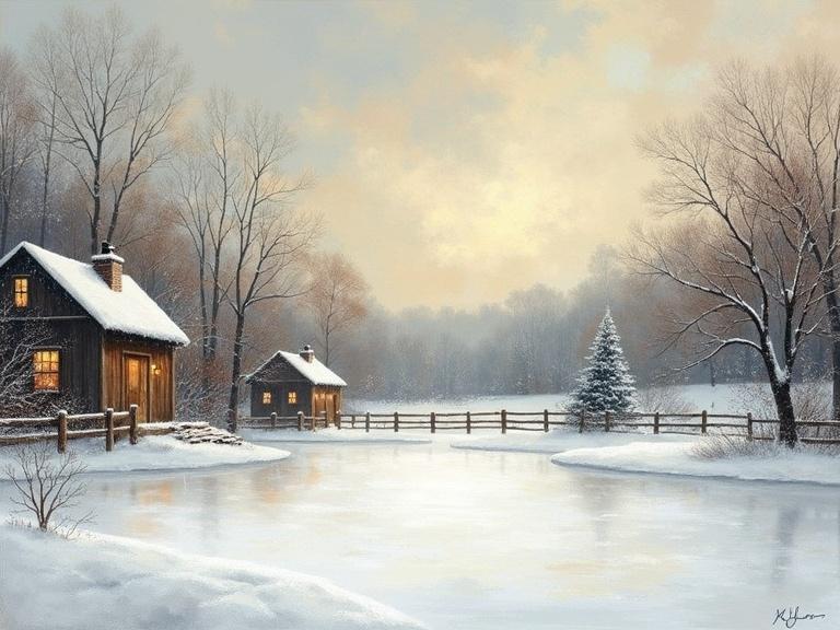 Rustic winter scene with cabins in snow. Soft lighting from cabin windows. Frozen pond in front. Pine tree and wooden fence visible. Calm and peaceful atmosphere.