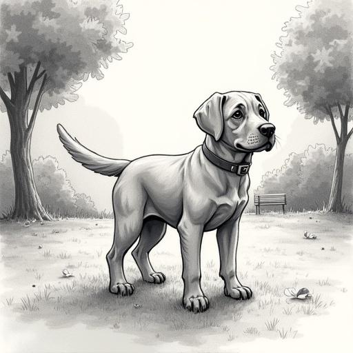2D pencil sketch from a children's book featuring a cute labrador standing in a park on a sunny afternoon with rough textured illustration and hatching shadows.