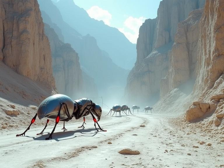 Huge sleek silver metallic biomechanical red LED organic flesh alien robot ants in a white desert with dark cave tunnels in tall mountain canyons and a blue sky, showcasing hard, dry, cracked ground roads.