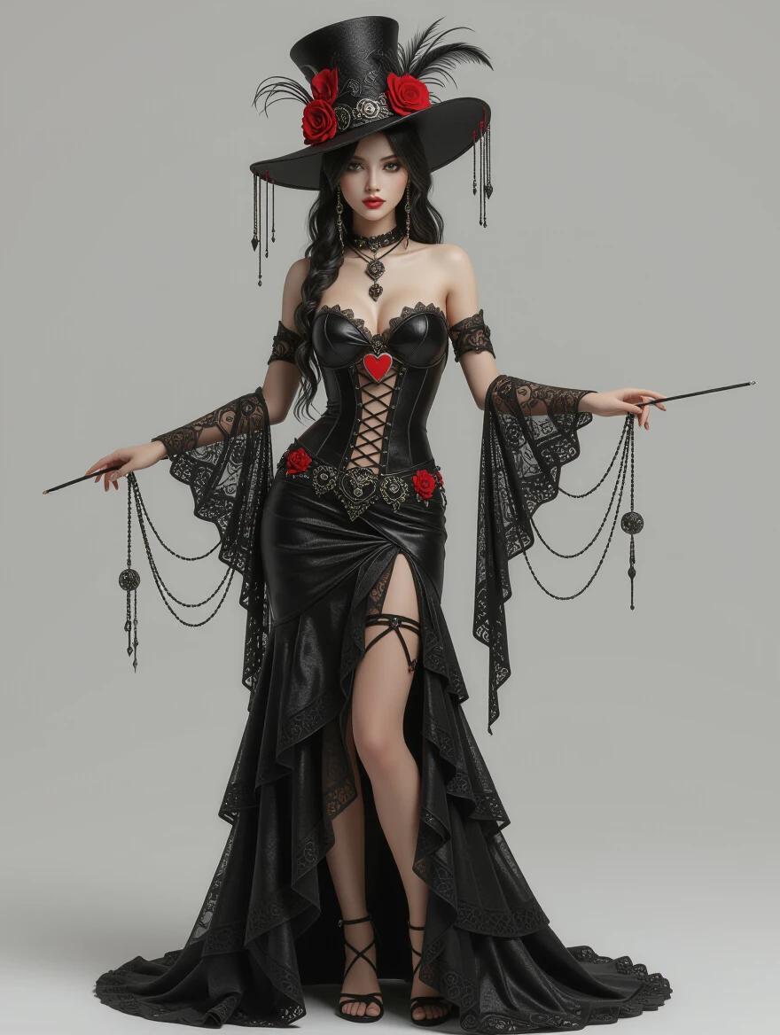 Full body 3D portrayal of a woman in gothic gypsy attire with glamorous details. She wears a black strapless dress with lace and red roses. A wide hat adorned with feathers accentuates her look. She holds strings, emphasizing a magical aesthetic.
