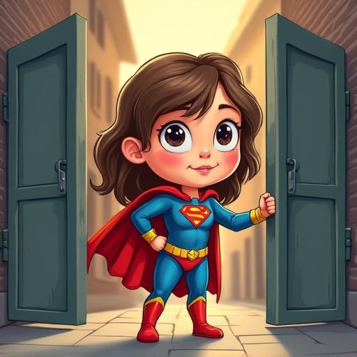 Caricature style illustration featuring a 6-year-old girl with light brown hair. She wears a bright blue superhero costume with a red cape. The girl stands confidently in front of a closing gate while saving a 1-year-old baby with black hair. The scene is energetic and playful.