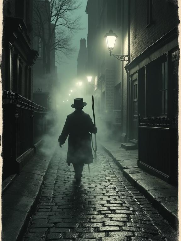 Vintage photograph depicting an eerie London street at night. Contains a chimney sweep figure and a child made of fog. The scene has a spectral and mysterious feel with a white frame.