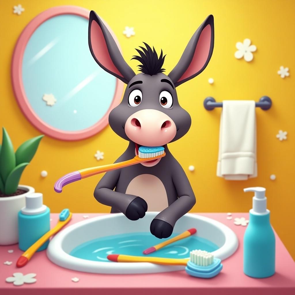 Donkey brushing its teeth in a colorful bathroom. Bright background with a mirror and toiletries. Fun and cartoonish style.