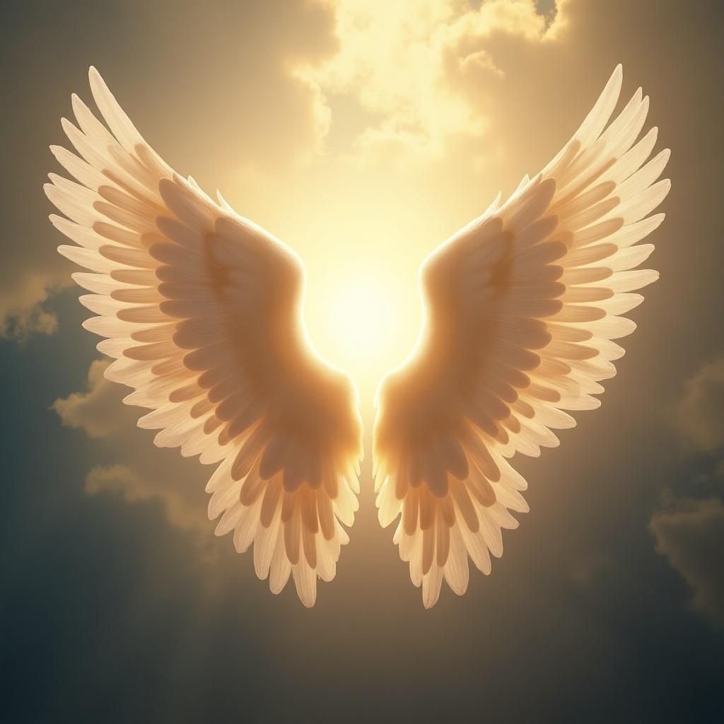 Angel wings illuminated by a bright light in a heavenly background. Soft colors of gold and white create an ethereal atmosphere. Wings are large and outstretched against a softly lit sky.