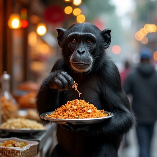 A black monkey stands holding a plate of Indian street food in a lively street setting. There are various food items in the background. The atmosphere is bustling with people and warm lights.