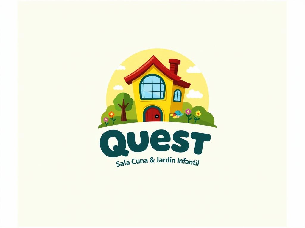 Create an inviting and colorful logo for a children's daycare center named 'Quest'. The design should feature a playful, cartoon-style building that resembles a cheerful, welcoming house with large windows. The background should be bright and sunny, with elements like trees or flowers to enhance the friendly atmosphere. Incorporate vivid colors like yellow, green, and blue to make the logo appealing to both children and parents. The word 'Quest' should be prominently displayed in a fun and whimsical font, with a smaller subtitle 'Sala Cuna & Jardín Infantil' underneath in a simpler font. Overall, the logo should convey a sense of adventure, fun, and nurturing for young children.