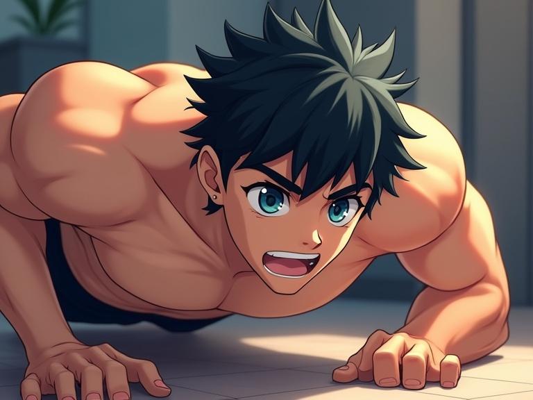 Male character with muscular build. Engaged in push up exercise. Black spiky hair and striking blue eyes. Studio Trigger style.