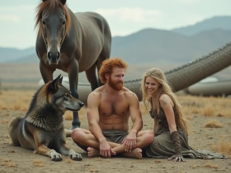 A slender man with red hair and a small beard sits cross-legged. He wears traditional clothing and smiles. A woman kneels beside him, her left half healthy and young, her right half decomposed. To the left, a large wolf-like animal lies relaxed. Behind them stands a muscular horse with eight legs. A massive serpentine body stretches across the horizon.
