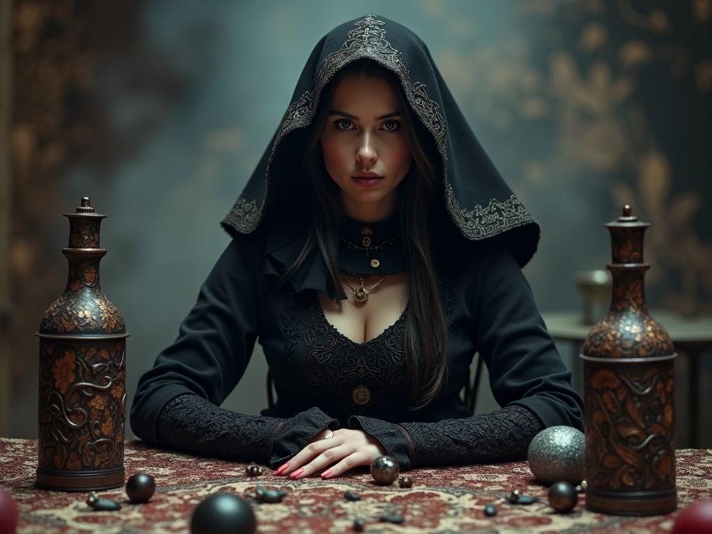 A mysterious woman in an ornate setting, wearing an intricately designed black hooded cloak, seated at a table with antique decorative bottles and spherical objects, with a misty, shadowy background.