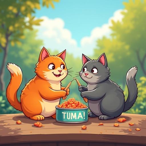 Two cartoon cats enjoy an open can of tuna outside in a sunny park. One cat is orange and chubby. The other is sleek and gray. They share the tuna with joy.