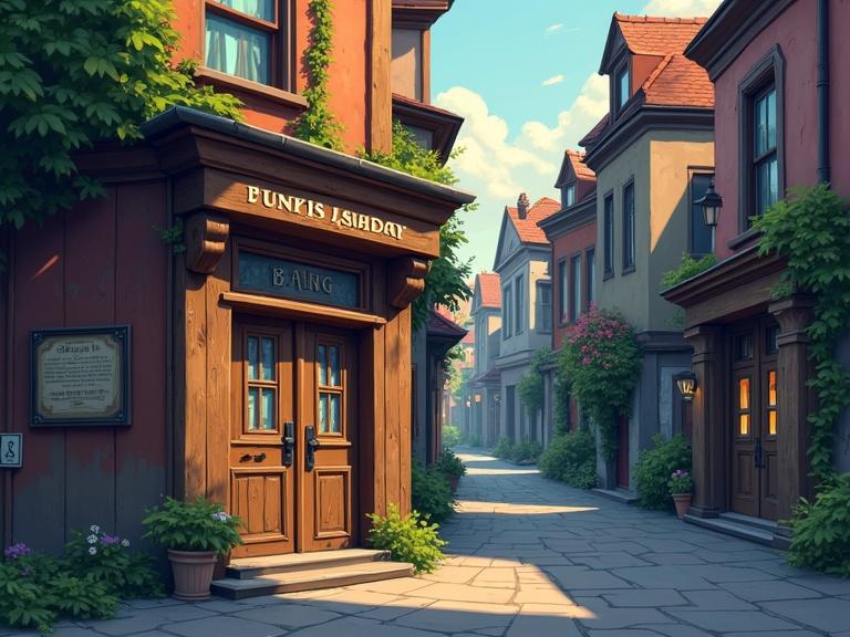 Cartoonish scene of an old city alley. Small library with a faded wooden facade. Sign worn by time. Charming buildings in the background.