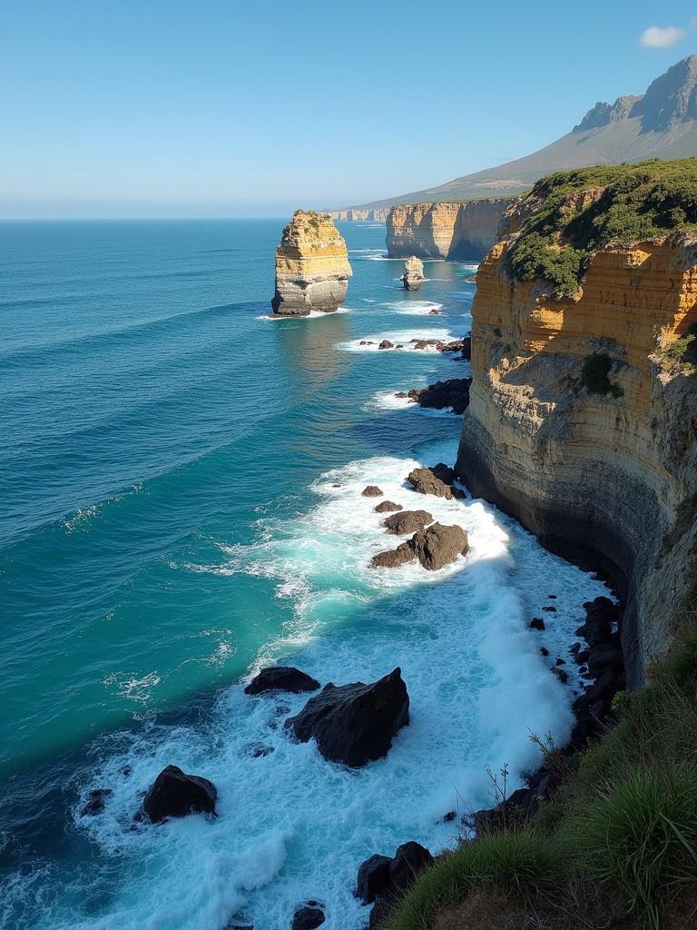 Photograph of coastal landscape in Aguas Verdes, Argentina. Clear blue skies and vibrant blue ocean with rocky cliffs. Waves crashing against the shore.