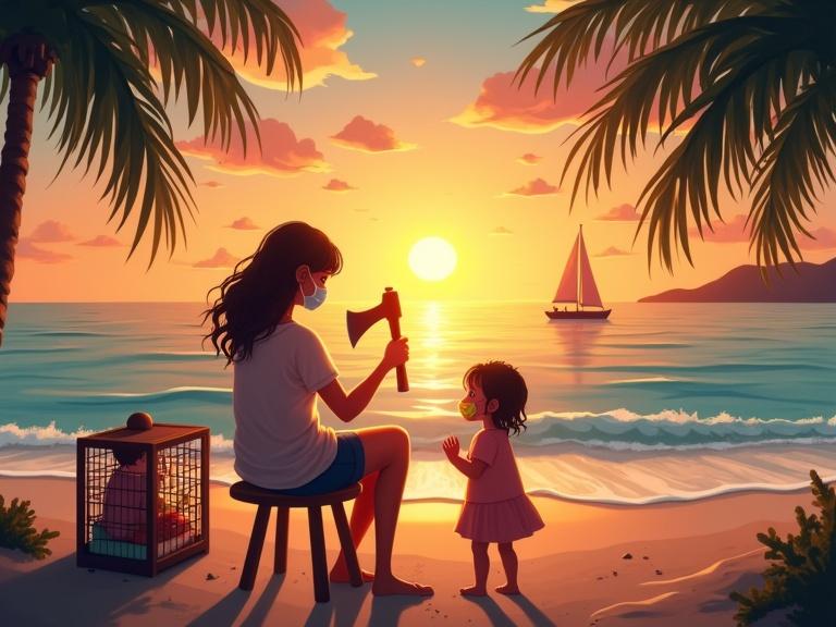 Tranquil beach scene at sunset with golden hues. Silhouette of palm trees and distant sailboat. Mother's playful interaction with child holding a toy axe. Young girl with pacifier resting her head on a stool. Two siblings in a small cage. Mother wears a mask. Lighthearted and fun atmosphere.