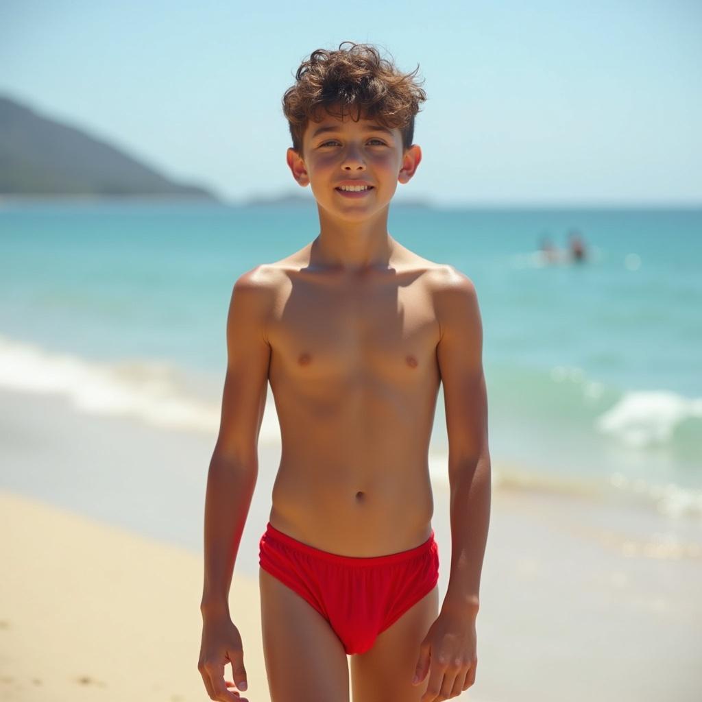 A muscular slim teenage boy shirtless wearing red speedos stands on the beach with the sea in the background.