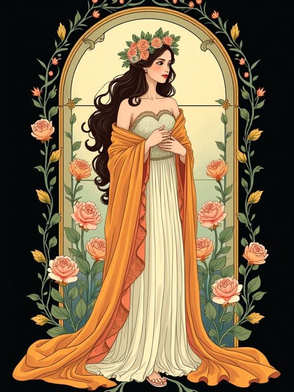 Stylized semi-realistic female figure in Art Nouveau style. Waist up view against arched window. Hands hidden beneath embroidered shawl. Long flowing hair with floral crown. Gazing to the side with dreamy smile. Dress and shawl with folds and motifs. Background with ornamental curves and florals. Soft gold and peach colors. Black background.