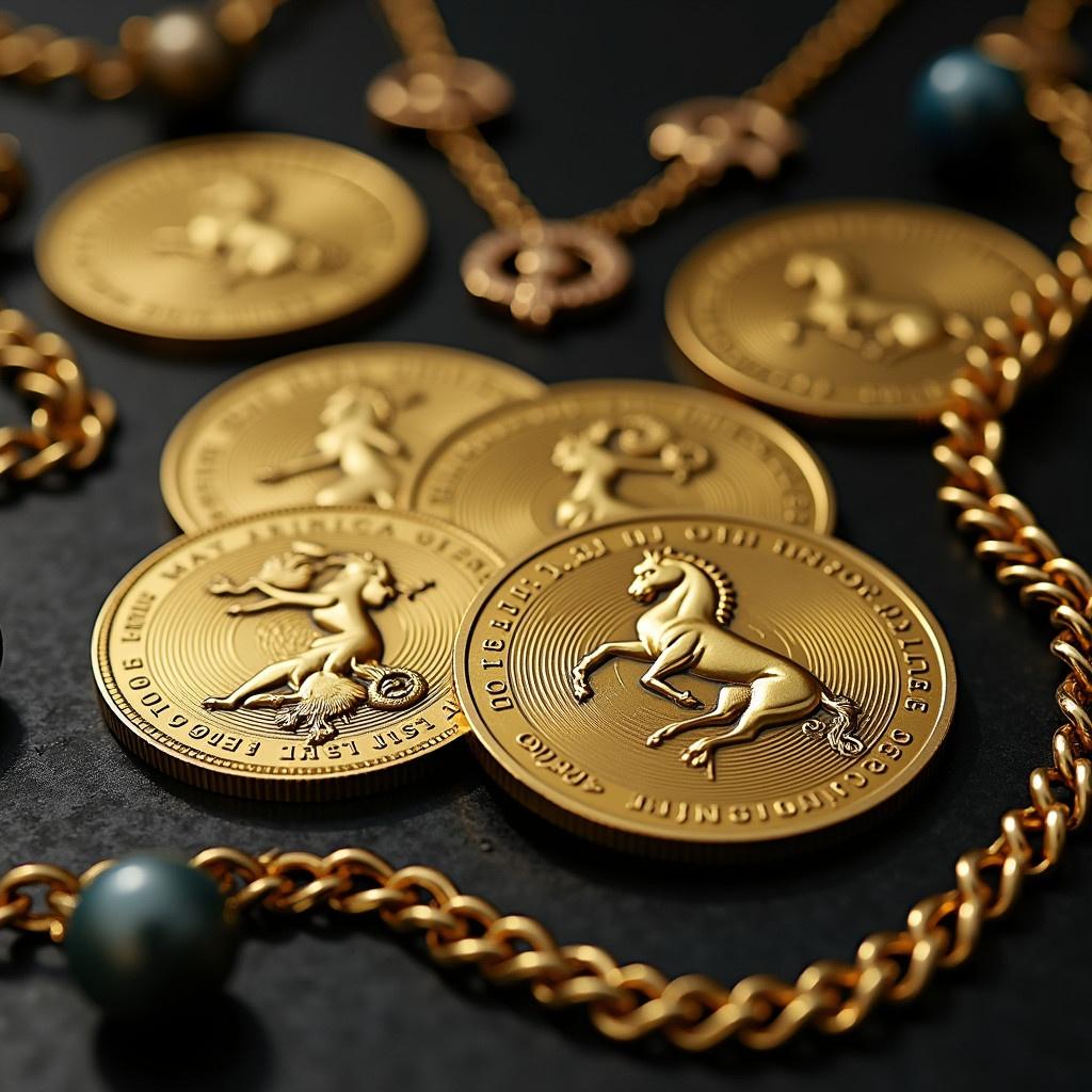 A collection of ornate golden coins featuring the Virgo zodiac logo. The coins are elegantly arranged with jewelry on a dark surface. The setting highlights the details of gold and jewels. The composition captures luxury and astrological themes.