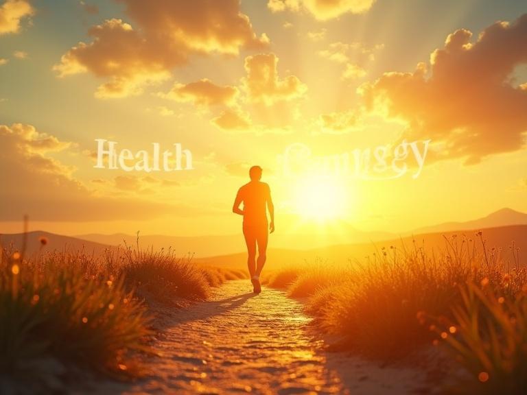 A person taking the first step on a path toward a sunny horizon. Goals like ‘Health’ and ‘Energy’ are written in the sky. The setting is warm and motivating.