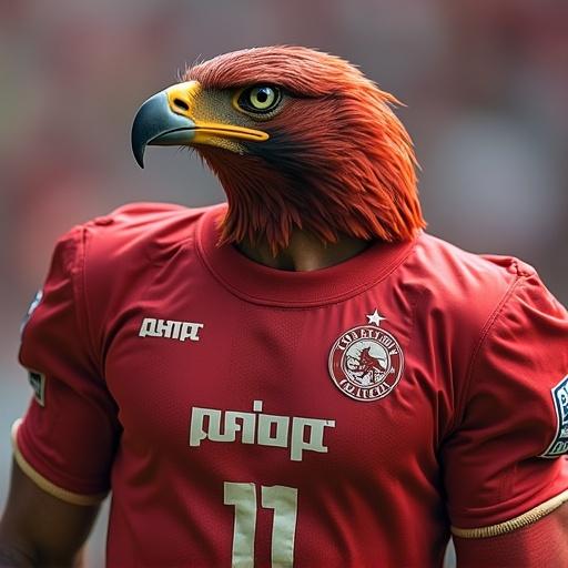 Falcon head placed on a human body in a red sports jersey representing Ahly Sporting Club of Egypt