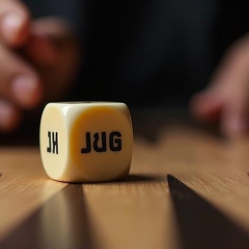 Close-up of a single backgammon die illustrating a game concept. Dice shows words such as images branding video and strategy. Cinematic lighting highlights the texture and features. A hand in the background appears engaged in the game.