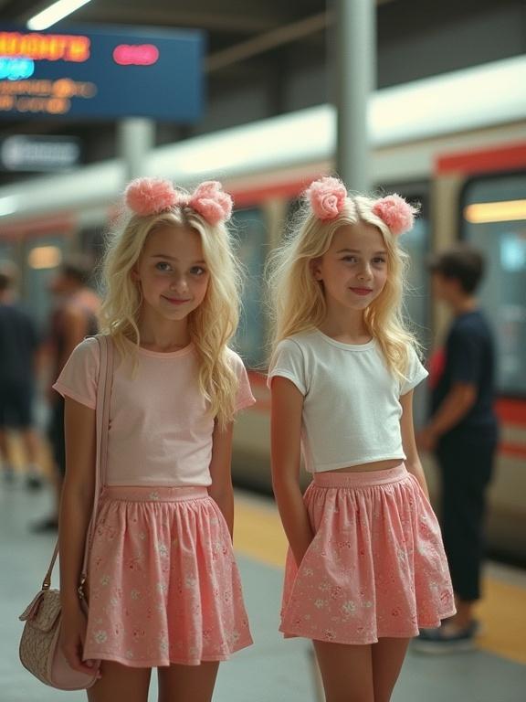 Two young girls with blonde hair wear pink bows on their heads. They stand together in matching pink skirts and stylish tops at a train station. The scene is vibrant and youthful. They show flirty smiles. The photograph has a pixelated and slightly over-saturated look. It appears to be taken with an early cellphone camera.