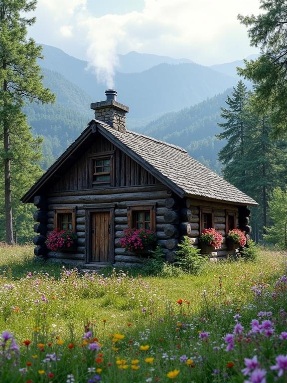 Quaint log cabin nestled in lush mountain landscape. Dark brown logs and steep pitched roof. Stone chimney with curling smoke. Small wooden door and windows with vibrant flower boxes. Colorful meadow with wildflowers and surrounding tall trees. Background features rolling hills and misty mountains.