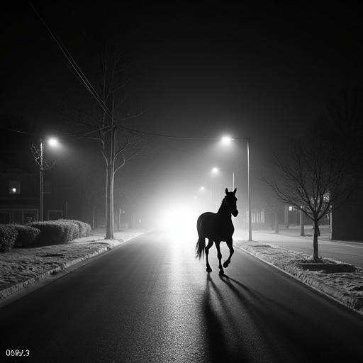 Generate a black and white thermal surveillance camera image featuring a lone horse on an empty street during nighttime. Emphasize a surreal and mysterious ambiance with high contrast.